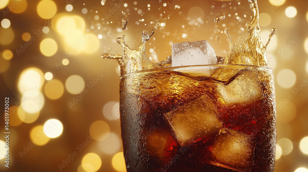 Poster a refreshing red cocktail splashing with ice cubes in a glass against a colorful bokeh background.