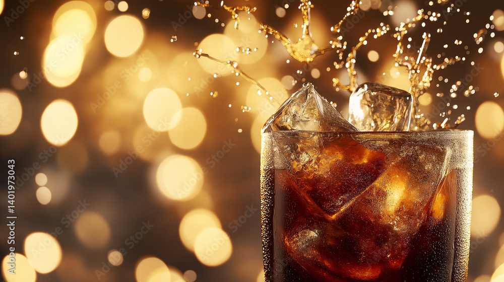 Poster a refreshing red cocktail splashing with ice cubes in a glass against a colorful bokeh background.