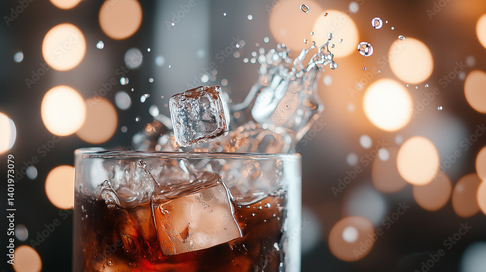 Poster a refreshing red cocktail splashing with ice cubes in a glass against a colorful bokeh background.