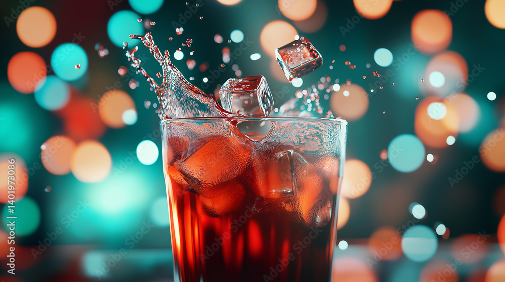 Poster a refreshing red cocktail splashing with ice cubes in a glass against a colorful bokeh background.