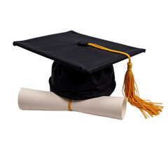 A classic black graduation cap with a yellow tassel and a rolled-up diploma, symbolizing academic achievement.