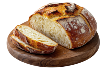 Crusty artisan sourdough bread loaf freshly baked golden crust rustic wooden board dark background