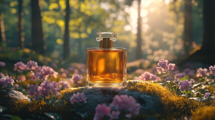 luxury elegant glass perfume bottle mockup outdoor forest scene with sunlight 3d render