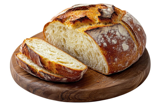 Crusty artisan sourdough bread loaf freshly baked golden crust rustic wooden board dark background