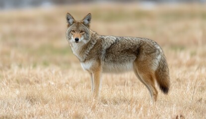Alert coyote standing in an open field, observing its surroundings with keen eyes.