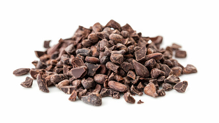 Obraz premium Cacao Nibs Pile Isolated Dark Brown Chocolate Pieces Close-Up on White Raw Ingredient For Baking Healthy Food Organic Product