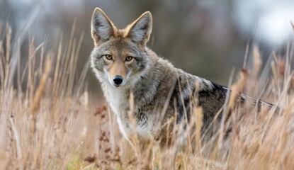 Obraz premium A coyote stands alert in a field, its fur blending with the dry grasses, eyes focused with intensity.