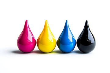 CMYK color ink drops in magenta, yellow, cyan, and black on white background representing print design, color theory, printing technology, and graphic production elements