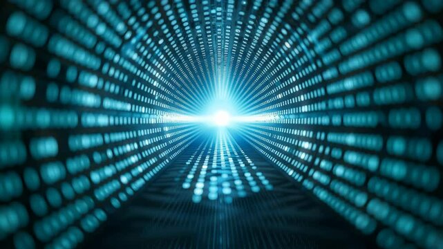 A tunnel-like perspective is created by rows of glowing blue digital characters or code converging towards a bright light at the vanishing point, suggesting data flow or a digital realm.
