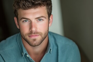 Fototapeta premium Handsome blue-eyed man with a beard and blue shirt looks at the camera. Use it for dating profiles, business, social media, or casting calls.
