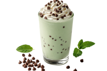 Refreshing Mint Chocolate Chip Frapp creamy whipped topping chocolate chips mint leaves cool drink