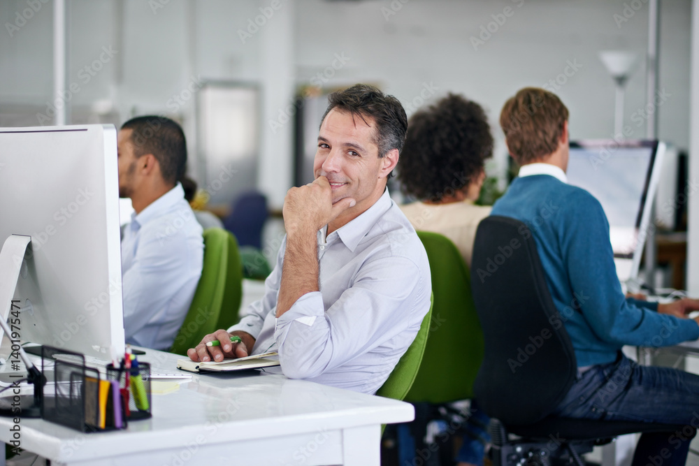 Aufkleber businessman, office and portrait with smile at desk with notebook for confidence with technology. em