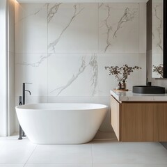 A modern, elegant bathroom featuring a white oval bathtub and marble-look tile.