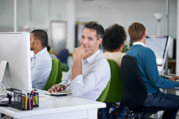 Businessman, office and portrait with smile at desk with notebook for confidence with technology. Employee, team and financial management services for clients in company with tax preparation.