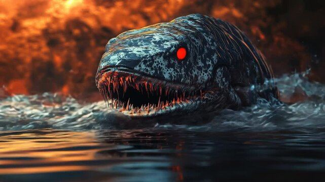 Fierce aquatic monster emerges from fiery ocean