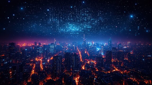A digital cityscape featuring glowing binary code and network connections, symbolizing the technological elements of AI in urbanization. The dark - blue background sets a strong contrast.
