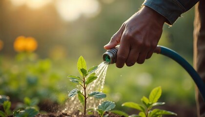 Watering a young plant in a garden at sunrise