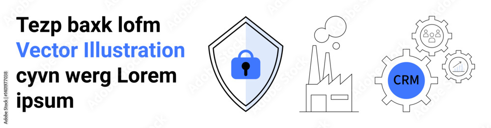 Poster locked shield symbol for security, gear with crm label for process automation, factory structure for