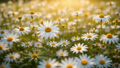 Fototapeta premium Daisies blooming in a sunny field nature photography spring landscape warm atmosphere close-up view