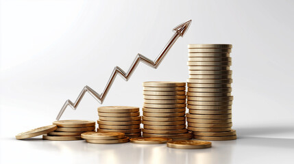 Finance icon of a stack of coins with upward trend arrow isolated on white background in flat vector style