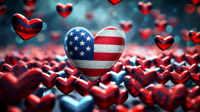 Textured Heart in American Flag Colors Centered in a Floating Array of Red Miniature Hearts. 4th of July, Independence Day greeting card background Modern banner.