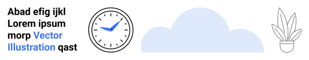 Clock with blue hands, light blue cloud, and minimal potted plant. Ideal for time management, weather updates, productivity, minimalism, work-life balance, eco-friendly design flat landing page
