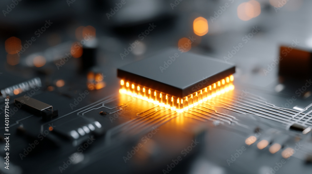 Poster close up of modern cpu processor chip on circuit board technology and microchip computer hardware