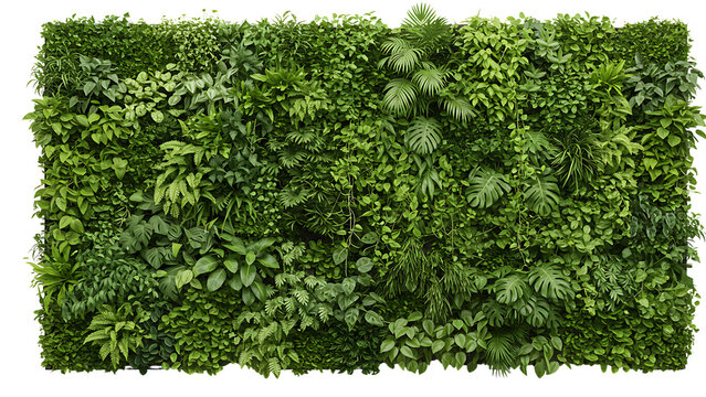 Lush green vertical garden wall filled with diverse tropical foliage and leafy plant species