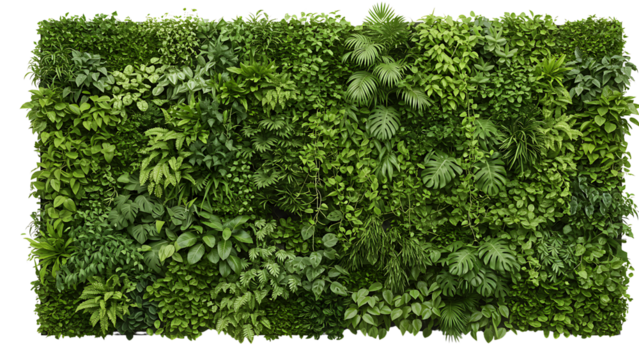 Lush green vertical garden wall filled with diverse tropical foliage and leafy plant species