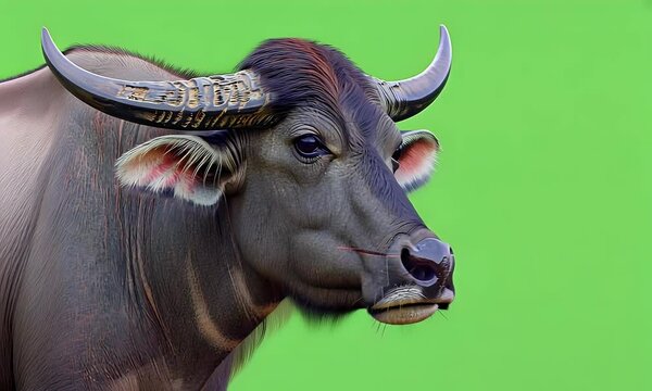 green screen video shows a large asian buffalo calmly standing on a flat background ready for post-production use