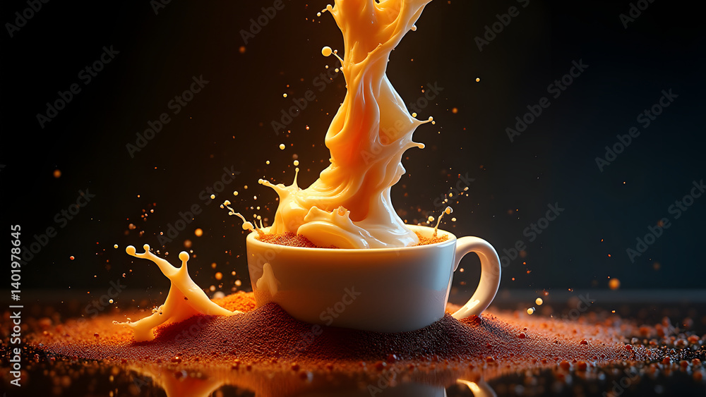 Poster abstract coffee cosmos: espresso and milk swirl in galactic patterns through fluid dynamics. vibrant