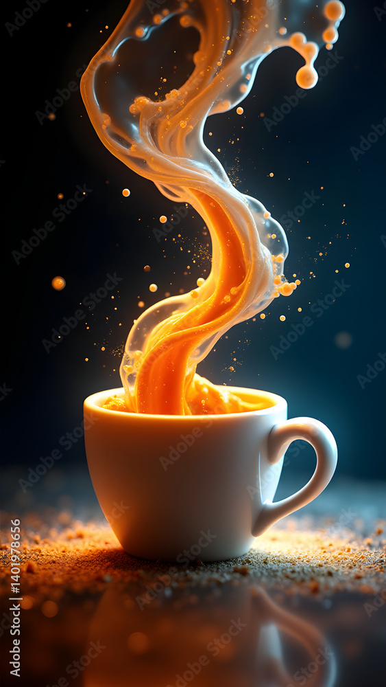 Poster abstract coffee cosmos: espresso and milk swirl in galactic patterns through fluid dynamics. vibrant