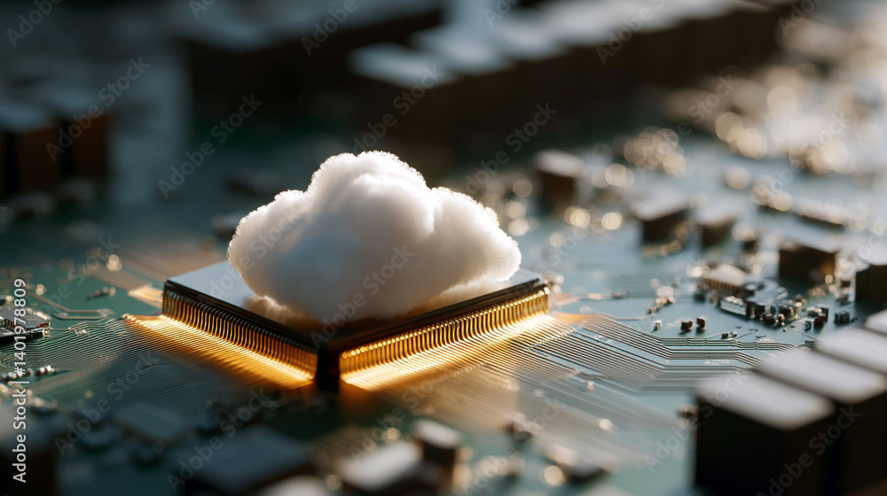 Poster cloud computing technology concept white cloud on microchip for data storage and processing power