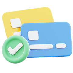 Atm card or credit card with checkmark symbolizing cashless payment icon illustration. Concept of currency exchange digital purchase 3d render image