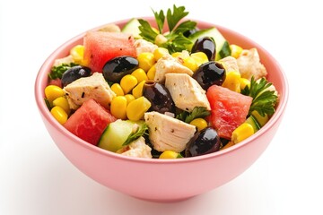 Fresh summer chicken salad with watermelon, corn, and olives