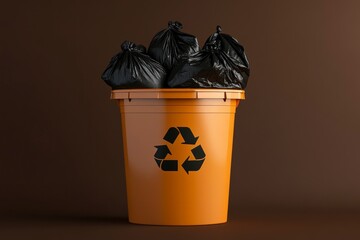 Recycling Bin Filled with Black Trash Bags on Brown Background