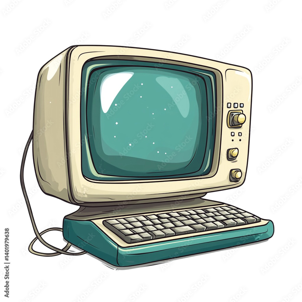 Poster retro computer nostalgic design vintage tech teal keyboard screen