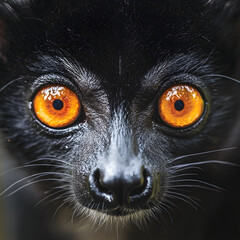 Naklejka premium black lemur face close up portrait intense orange eyes wild, primate wildlife macro photography showing nocturnal mammal with glossy black fur, sharp whiskers and vivid gaze emerging from dark rainfor