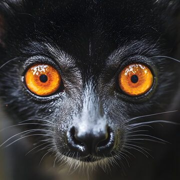 black lemur face close up portrait intense orange eyes wild, primate wildlife macro photography showing nocturnal mammal with glossy black fur, sharp whiskers and vivid gaze emerging from dark rainfor