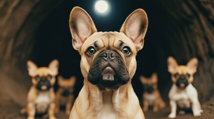 Charming French Bulldog in Focus with Playful Companions in Dark Tunnel Under Moonlight