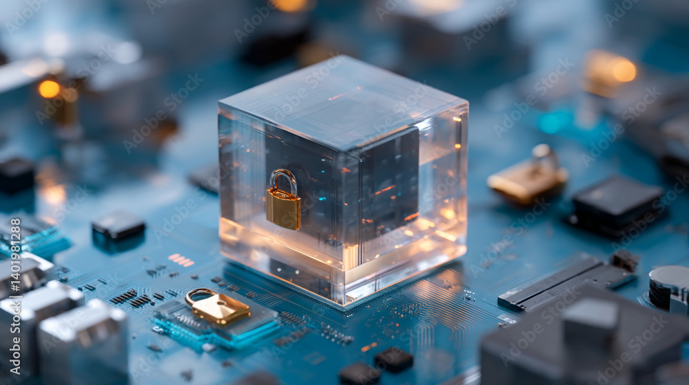 Poster cybersecurity concept with padlock in cube on circuit board for data protection and network security