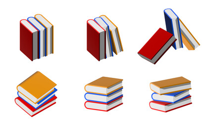 Stack of books illustrations in different style with transparent background. Stack of Colourful books