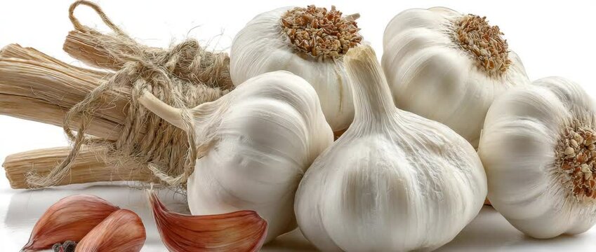 Garlic bulbs in fresh white on a white backdrop.