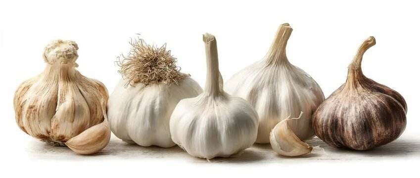 Garlic bulbs in fresh white on a white backdrop.