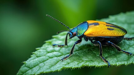 Fototapeta premium Vibrant beetle on vibrant green leaf. Detailed close-up showcasing iridescent colors and intricate textures