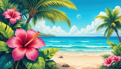 Tropical beach paradise coastal landscape digital art vibrant environment panoramic view