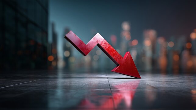 Red downward arrow on reflective surface decline in market crash financial fall loss urban skyline reflection scene recession economy business