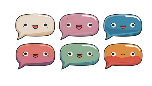 A set of unique pop art speech bubbles with bold outlines and comic style elements, vibrant cartoon expressions isolated on transparent background