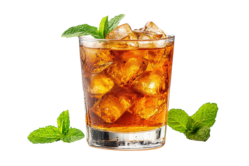 Refreshing iced tea with mint perfect for a hot summer day in a rocks glass with ice cubes and a dark background