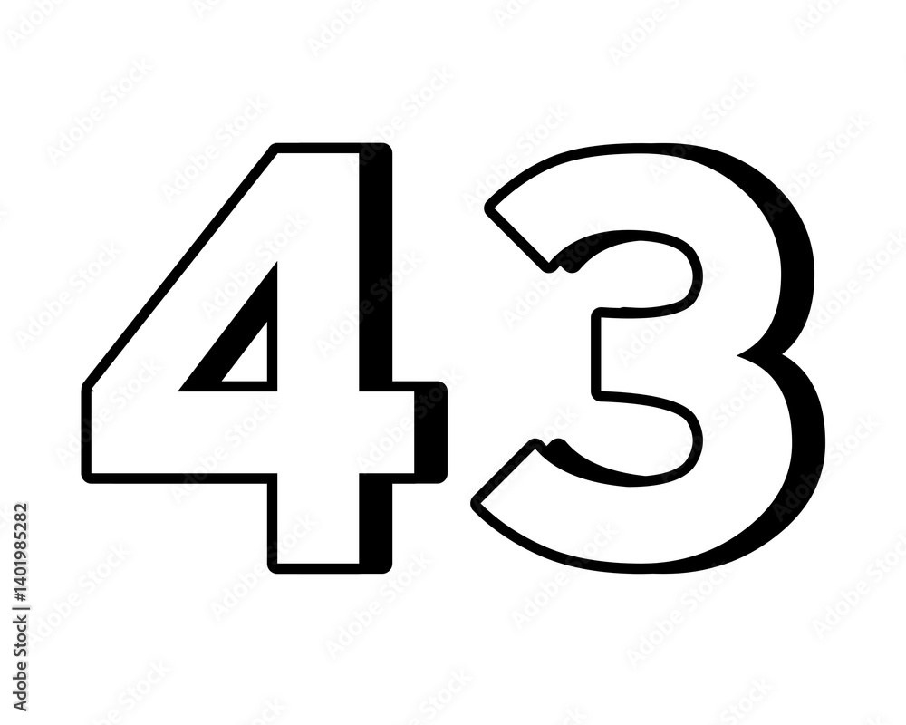 Poster white number 43 on transparent background, with a bold, 3d appearance and shadow effects for added d